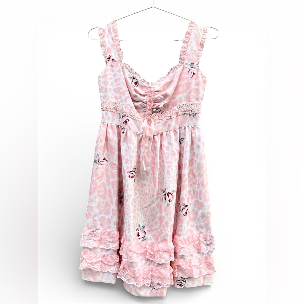 Jesus Diamante Rose & Leopard Tiered Dress - Pink